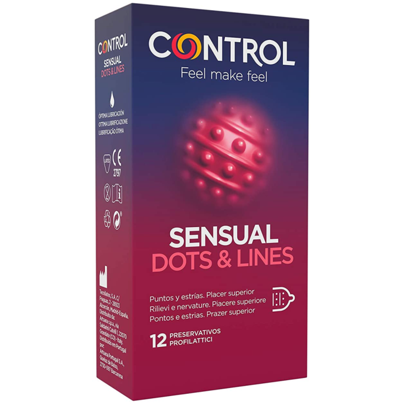Презервативи Control Sensual Dots & Lines с релефни точки и ребриста повърхност, 12 броя