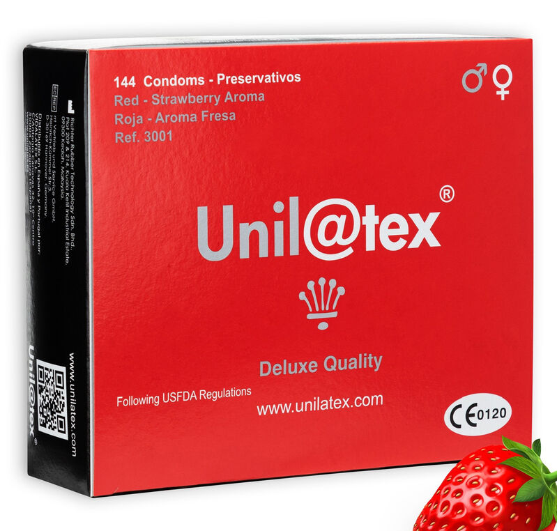Презервативи Unilatex с вкус на ягода, червени, 144 броя