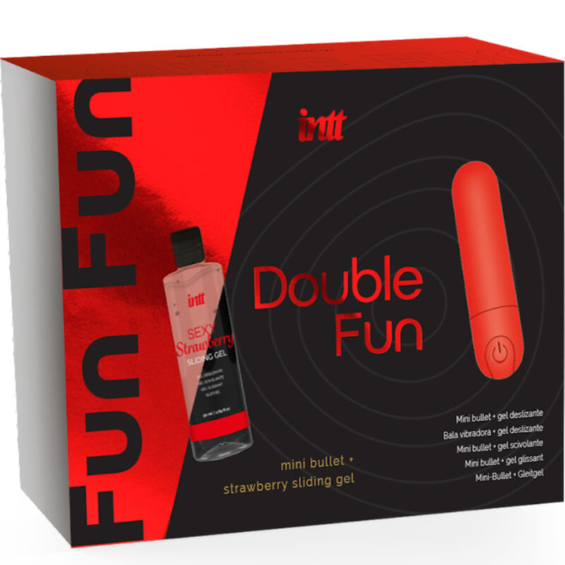 Подаръчен комплект за масаж INTT Double Fun с виброкуршум и гел с вкус на ягода