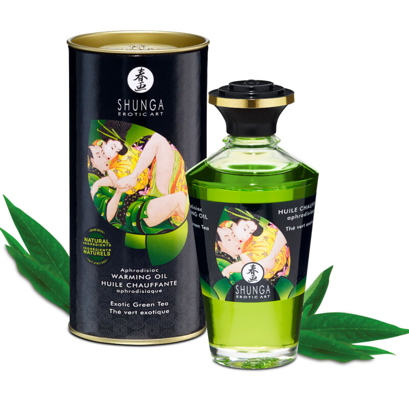 Масажно олио Shunga със затоплящ ефект и аромат на зелен чай, 100 ml