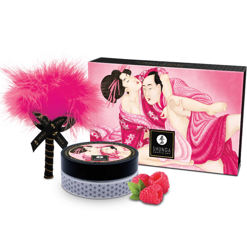 Масажна пудра Shunga с аромат на малина и четка с пера, 75 g