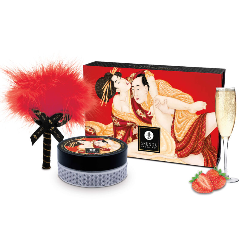 SHUNGA масажна пудра с аромат на ягода и четка с перо, 75 g