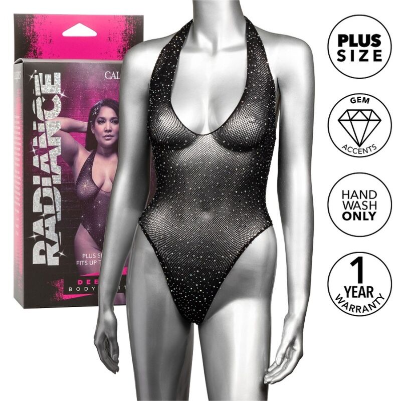 Боди Plus Size с дълбоко деколте и кристали за пищни форми CALEXOTICS