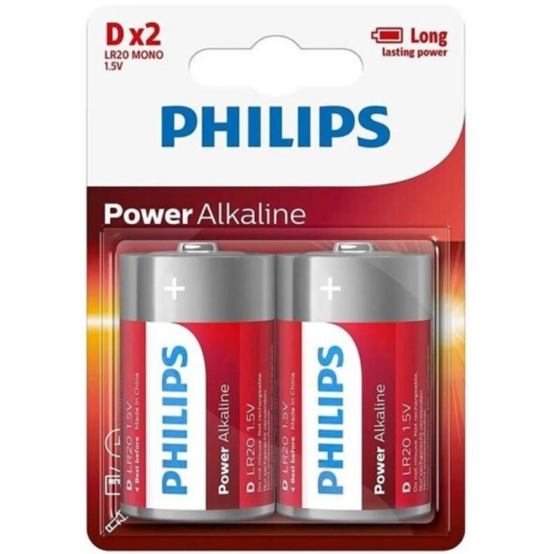 Алкална батерия D LR20 с голям капацитет и дълъг живот за мощни устройства PHILIPS
