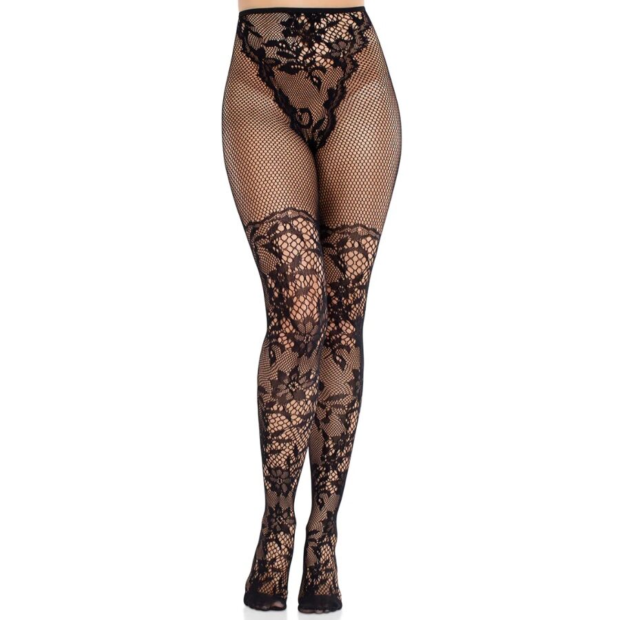 Чорапи Leg Avenue Dahlia с флорална дантела и мрежест детайл