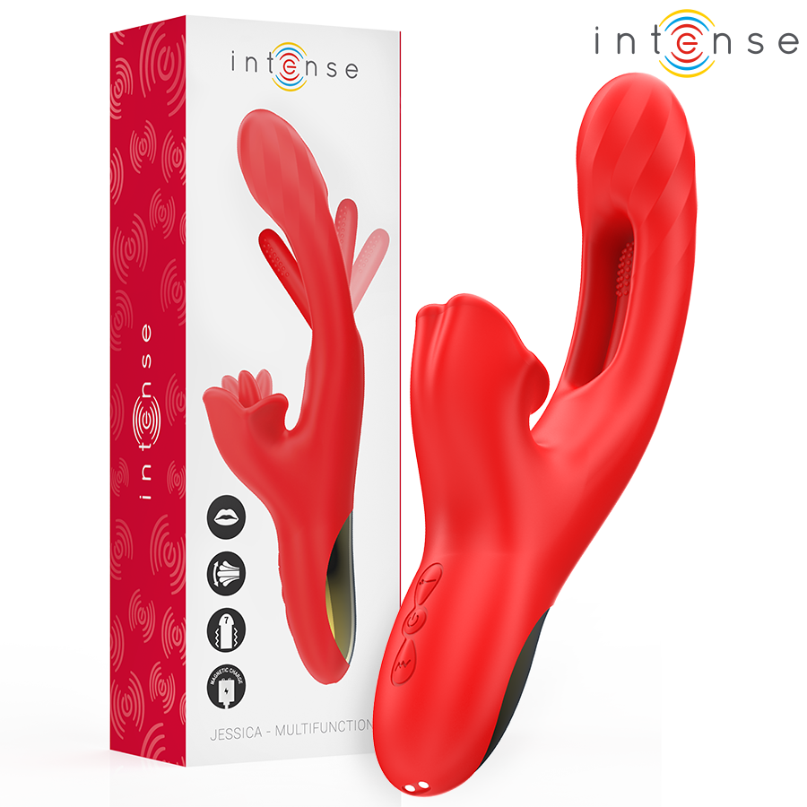 Вибратор тип заек INTENSE Jessica с 3 мотора, 24,8 см, червен