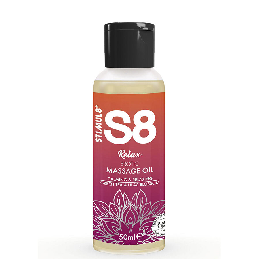 Масажно олио STIMUL8 S8 Relax със зелен чай и люляков цвят, 50 ml