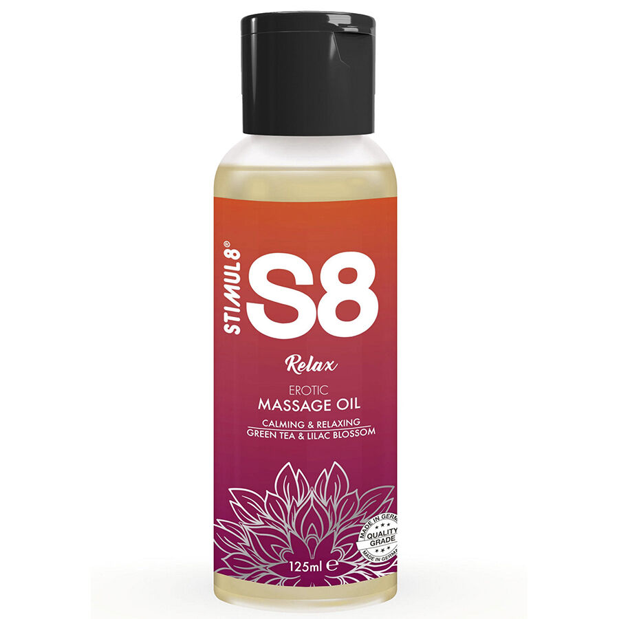 Масажно олио STIMUL8 S8 Relax със зелен чай и цвят от люляк, 125 ml
