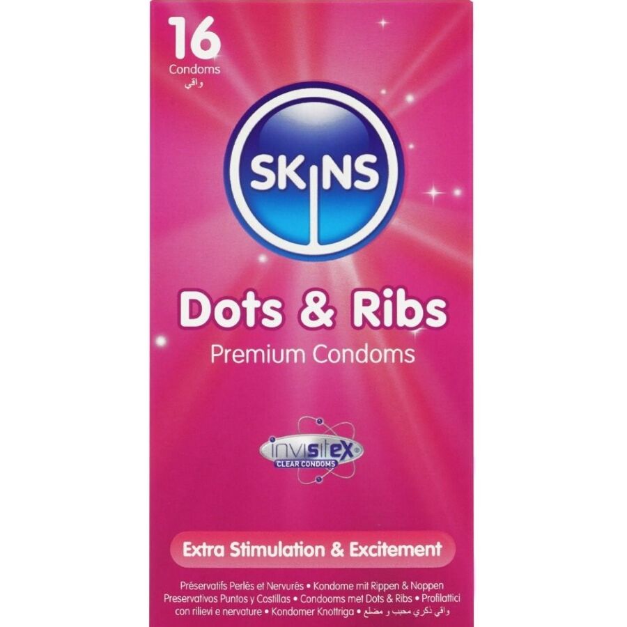 Релефни презервативи SKINS Dots & Ribs с ребра и точки, 16 броя