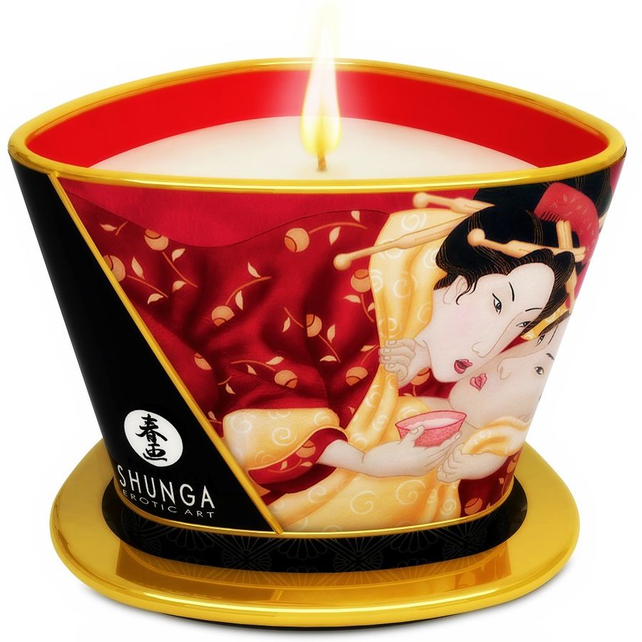 Масажна свещ Shunga Mini Caress с аромат на ягода и кава, 170 мл